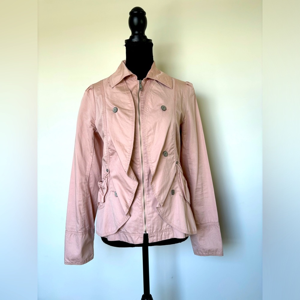 Renuar Women’s Blazer, ruffle light jacket Powder Pink zip motto jacket S: 4